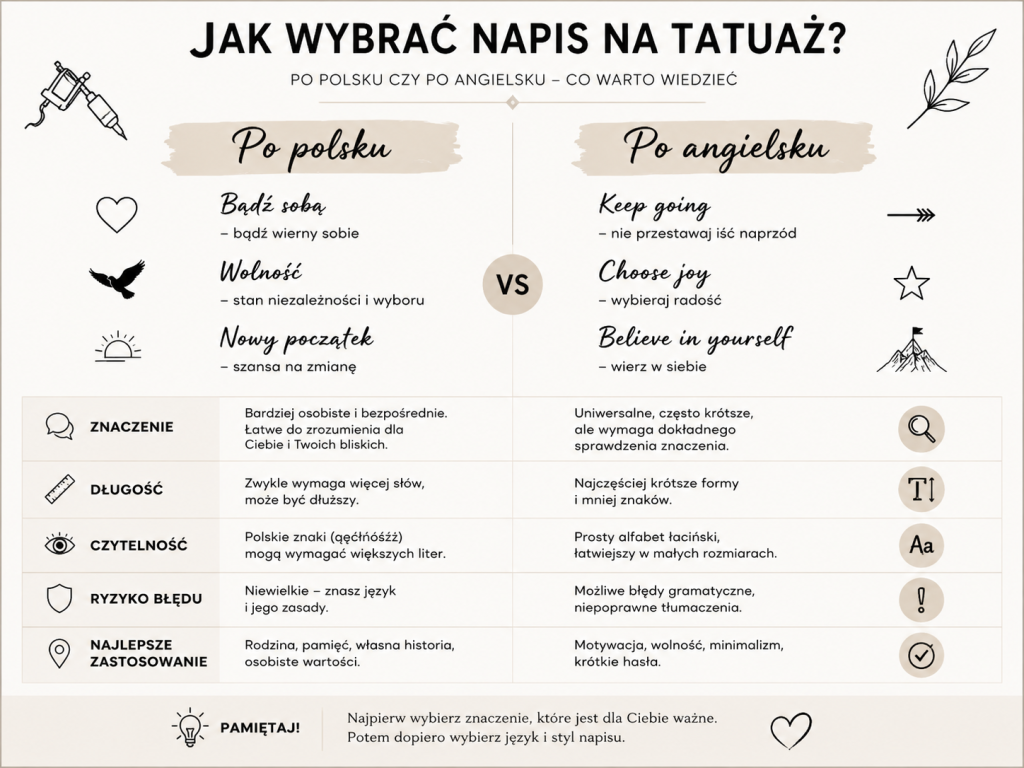 Napisy na tatuaż po polsku i angielsku: 150 krótkich cytatów z tłumaczeniem