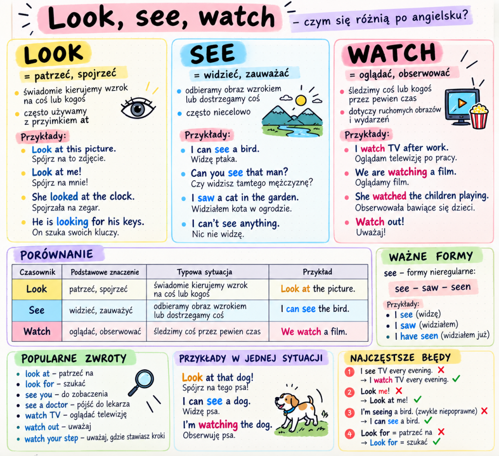 Look, see, watch: czym się różnią po angielsku