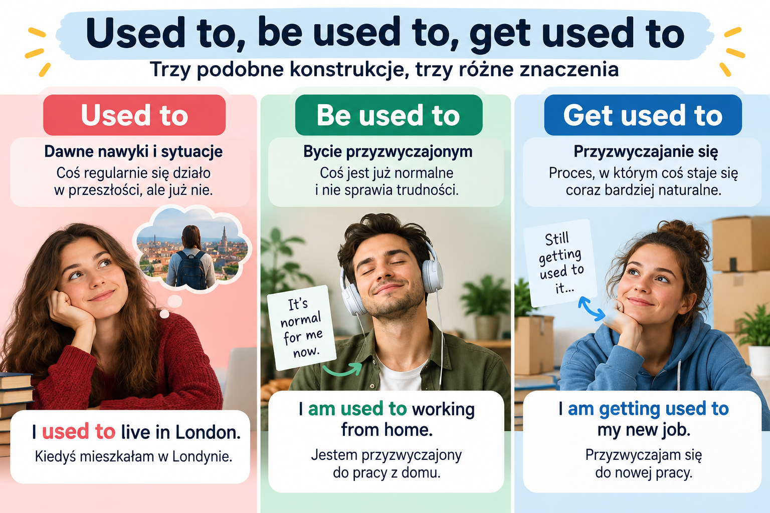 Used to, be used to, get used to: różnice i przykłady